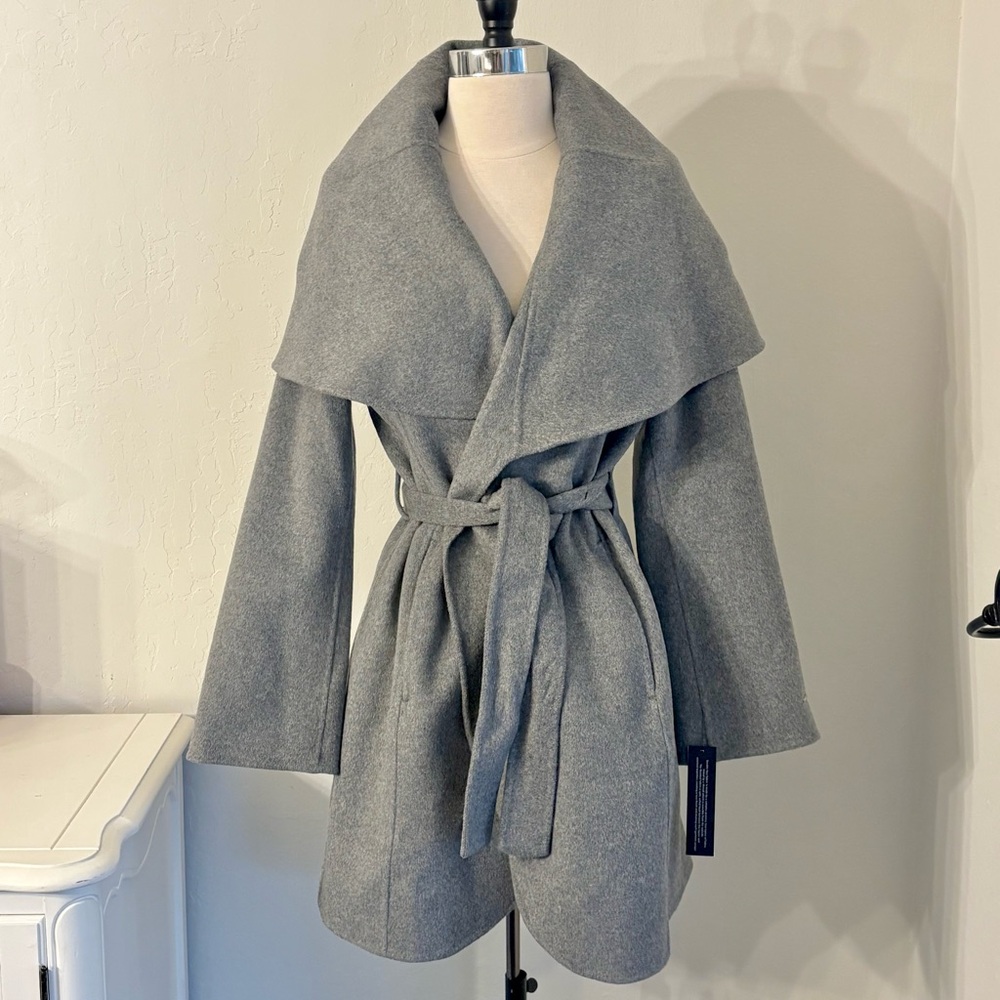 Tahari Oversized Shawl Neck Wrap Coat, Wool Blend, Ash Gray, Size S, NWT